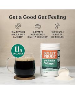 Bulletproof gut health collagen protein powder 14 oz packaging close-up image